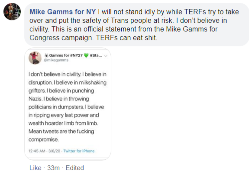 Mike Gamms tells a woman who disagrees with him that "I do not believe in civility, mean tweets are the fucking compronise."