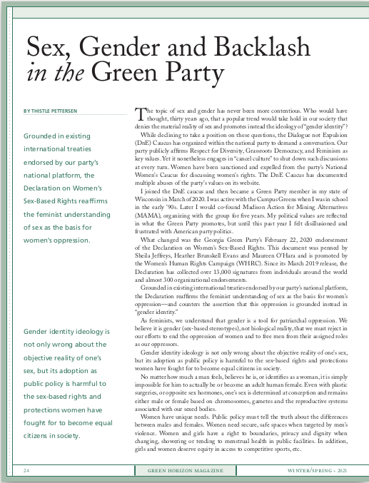 Sex, Gender and Backlash in the Green Party, Green Horizon, Spring 2021