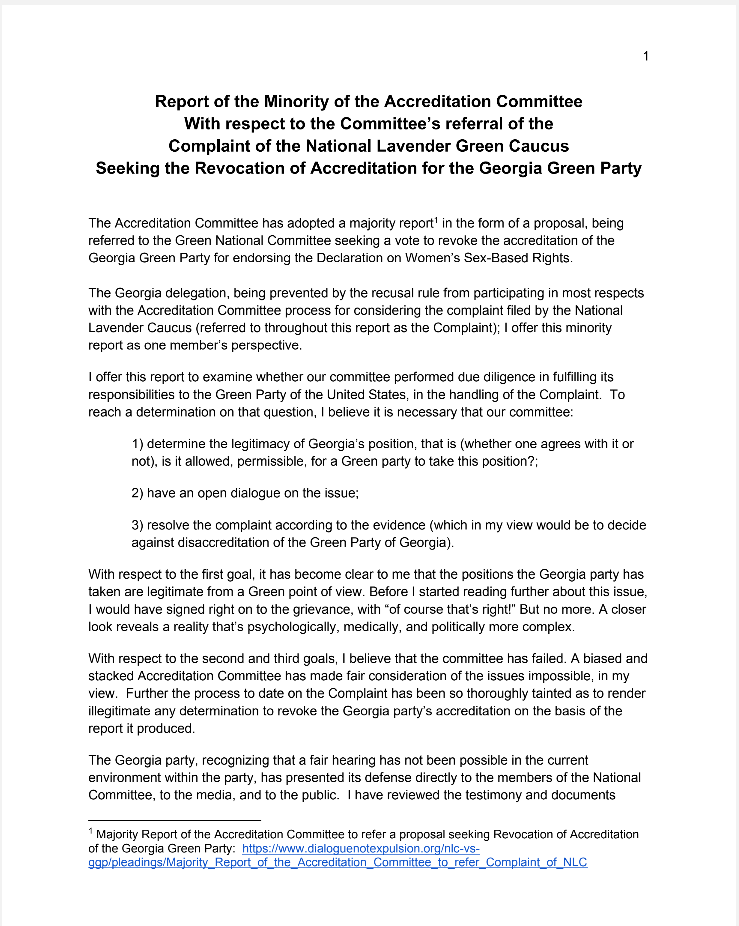 Report of the Minority of the Accreditation Committee With respect to the Committee’s referral of the Complaint of the National Lavender Green Caucus Seeking the Revocation of Accreditation for the Georgia Green Party